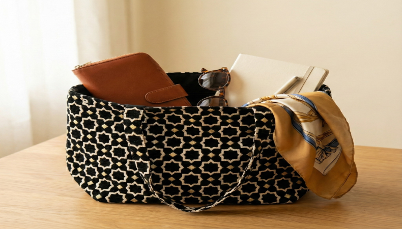 Moroccan Bags Large Velvet Tote | Authentic Bags From Morocco with Zellige Brocade | Luxury Boho Shoulder Purse & Laptop Shopper