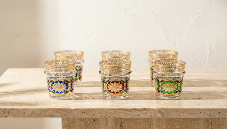 Moroccan Tea Glasses Set | Geometric Mosaic Gold Rim Cups | Zellige Style Glassware for Mint Tea & Espresso | Moorish Boho Kitchen Decor
