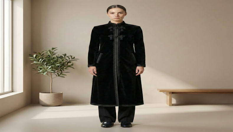 Velvet Duster Coat Embroidered Opera Coat Black and Emerald Green Knee Length Boho Kimono Vintage Style Evening Jacket